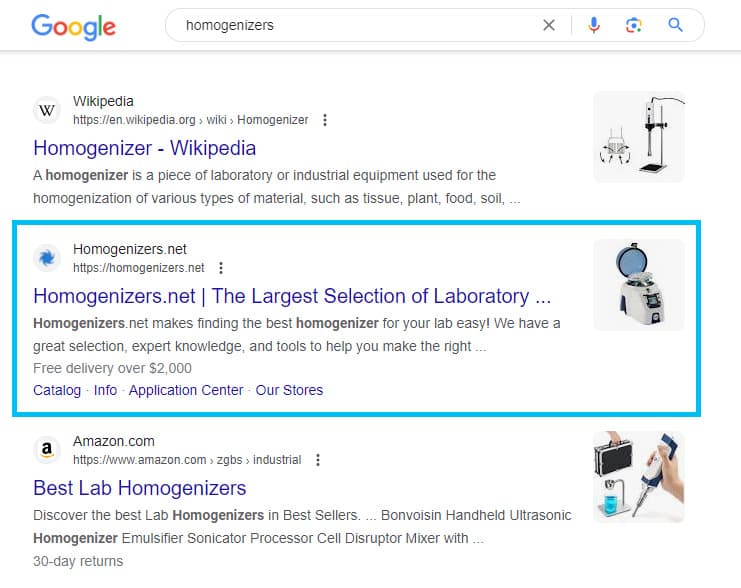 Homogenizer Google search results featuring Laboratory Supply Network