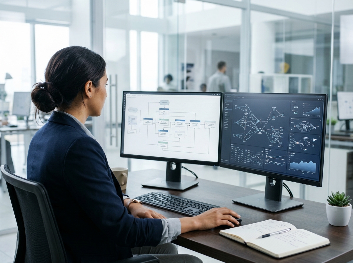 A life science strategist working at a dual-monitor workstation in a modern pharmaceutical office.