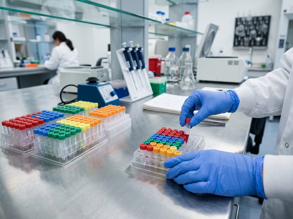Gloved hands systematically arranging color-coded microplate trays on a clean laboratory benchtop.