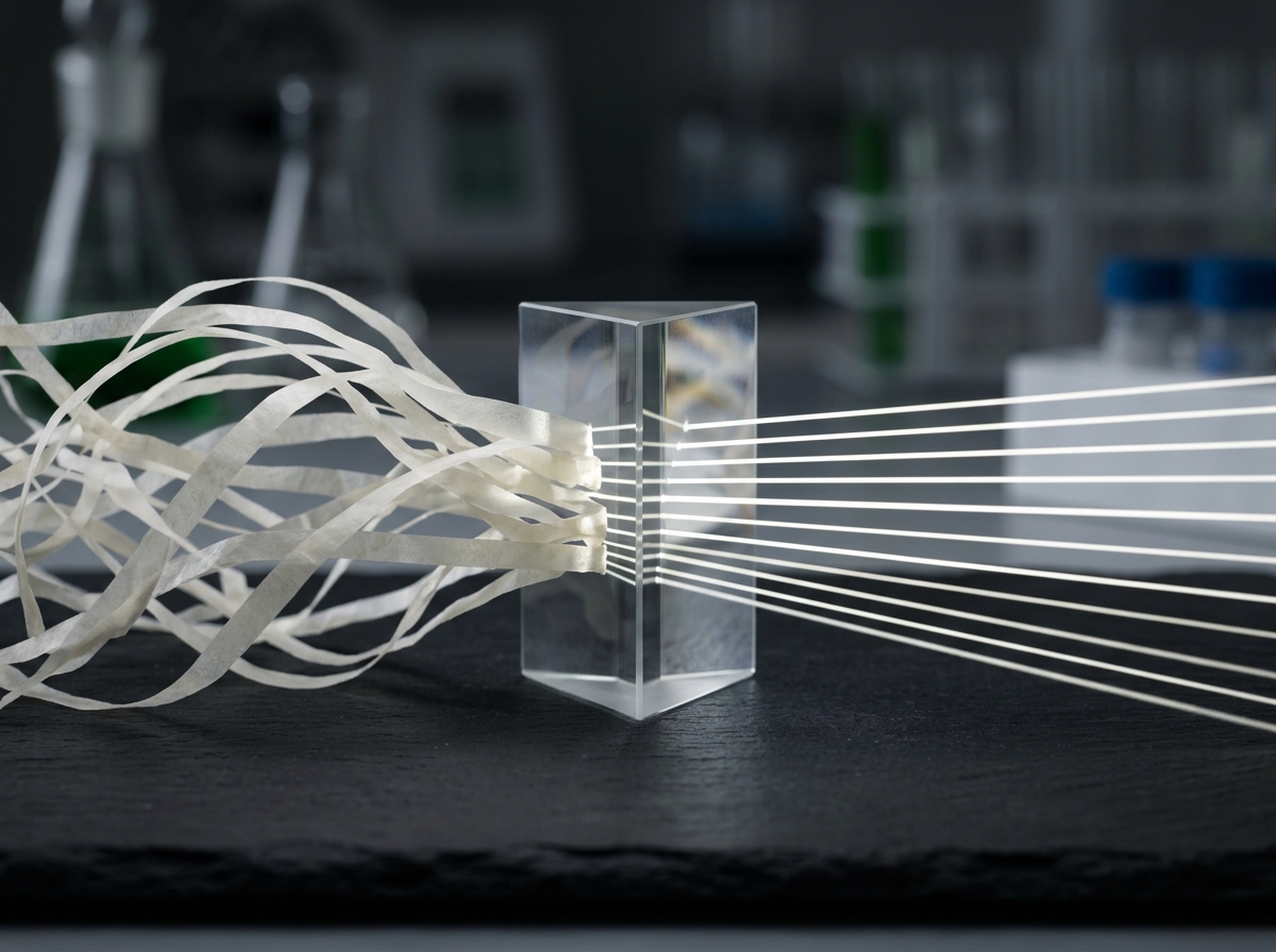 A glass prism refracting cluttered translucent ribbons into clean, parallel beams of light.