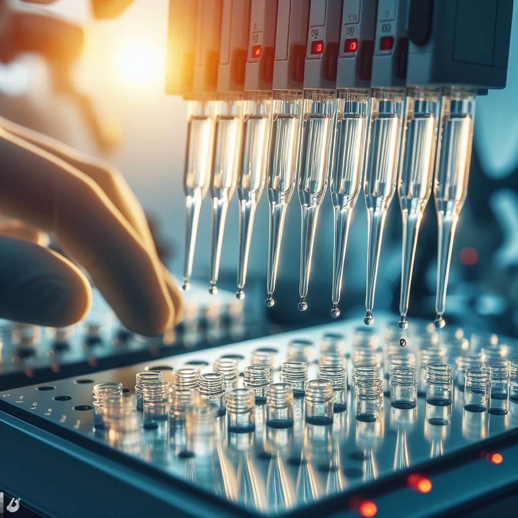 DALL-E 3 generated image for the prompt "A close up photograph of liquid dripping from pipette tips on a high-throughput automated liquid handling system." 