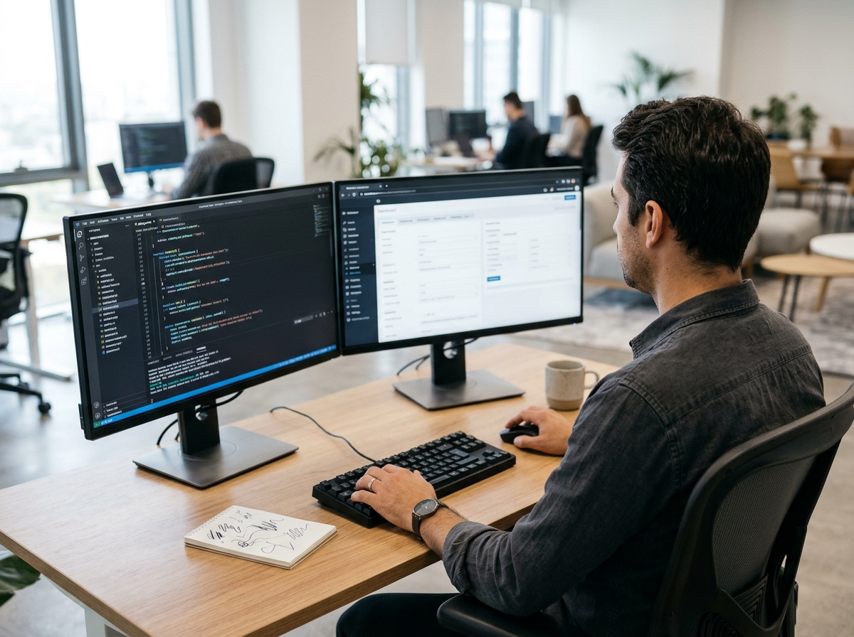 Web developer working at a dual-monitor computer setup in a bright modern office.