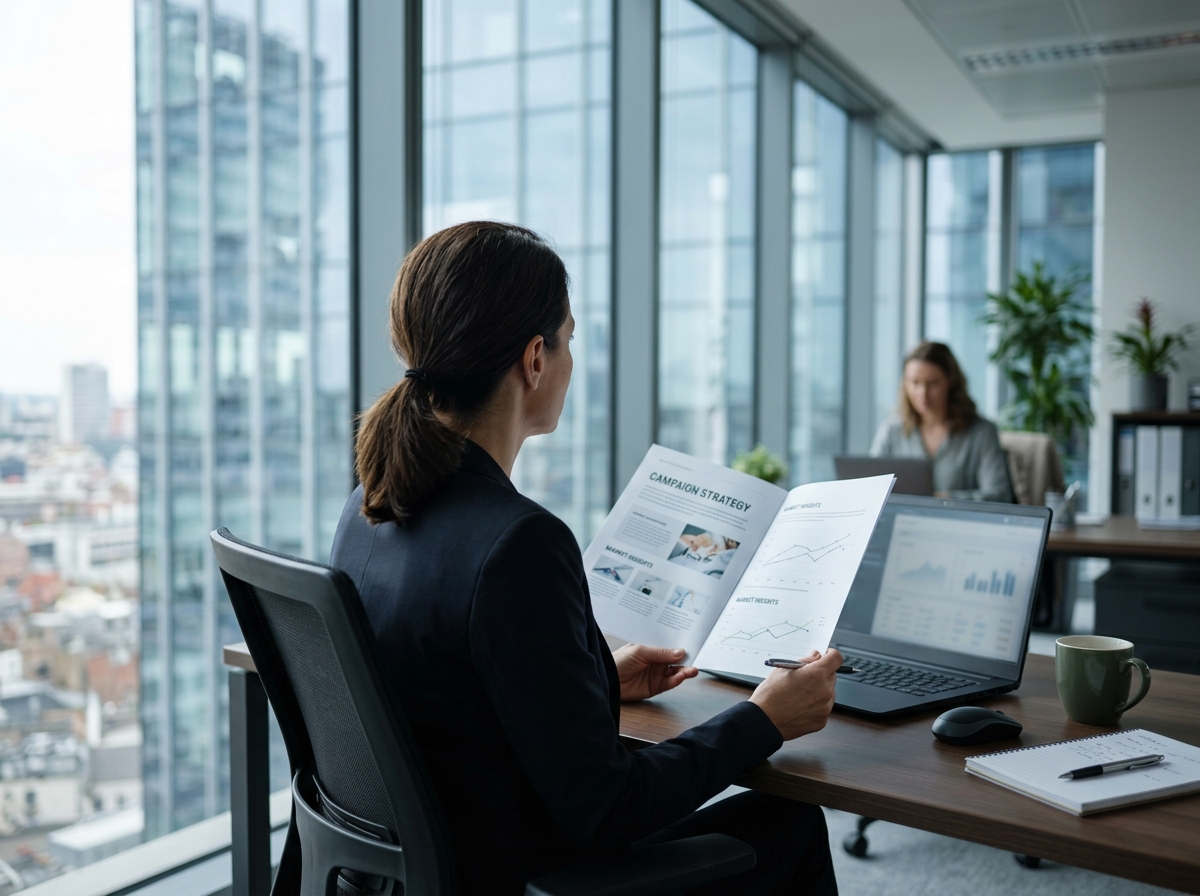 Biopharma marketing director reviewing campaign strategy at a modern office desk.