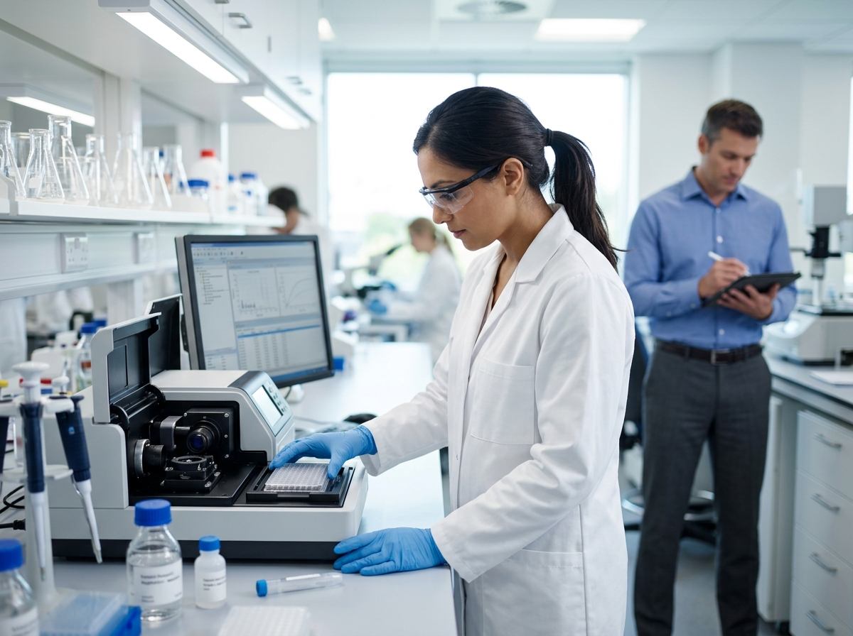 Scientist operating laboratory equipment while a colleague works on a tablet in the background.